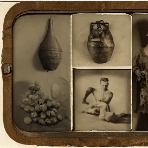 Image similar to Tintype photograph of primitive found objects displayed in an ethnographic museum, archive material, anthropology, 1920s studio lighting.