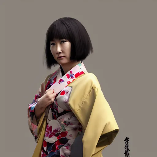 Image similar to Japanese Simone Norman wearing kimono, realistic, photo studio, HDR, 8k, trending on artstation