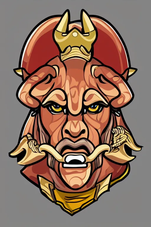 Prompt: A portrait of a bull as evil warlord general, sticker, Anthropomorphized, portrait, highly detailed, colorful, illustration, smooth and clean vector curves, no jagged lines, vector art, smooth