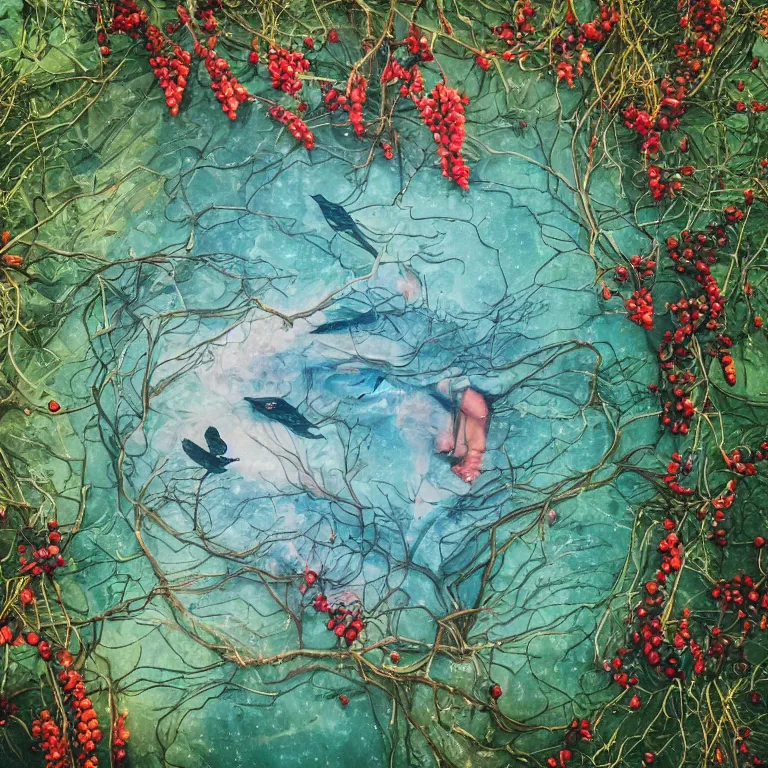 Image similar to human with the sea and the forest inside, veins diverge through the body like rivers filmed on a satellite, a person is decorated with wild berries, a beautiful bird is looking at him next, colorful picture