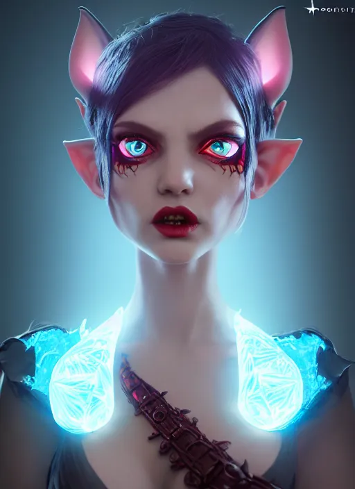 Image similar to imp demon goddess, cute elf ears, strapless dress, character portrait in the style of thomas river and artgerm, cinematic lighting, hyperdetailed, 8 k realistic, symmetrical, global illumination, radiant light,, frostbite 3 engine, cryengine, dof, trending on artstation, digital art, chanel