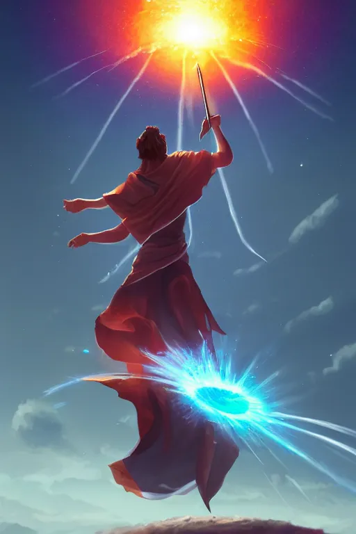 Image similar to levitating mage wielding a spear opening a shining portal pulsating in the night sky, horizon of an erupting volcano, trending on artstation, cgsociety, behance hd