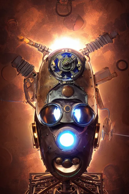 Image similar to steampunk mask minimalist fantasy art robot ninja helmet, global illumination ray tracing hdr fanart arstation by sung choi and eric pfeiffer and gabriel garza and casper konefal radiating a glowing aura