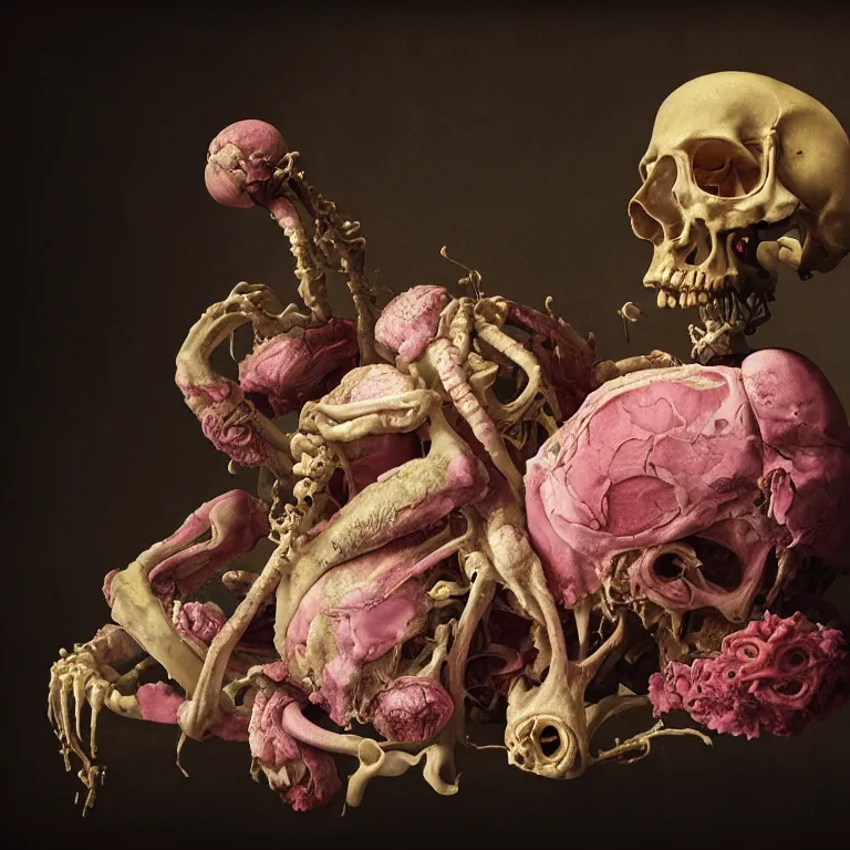 Image similar to still life of rotten flesh, beautiful pastel flowers, human spine, colorful mold, baroque painting, beautiful detailed intricate insanely detailed octane render, 8K artistic photography, photorealistic, chiaroscuro, Raphael, Caravaggio