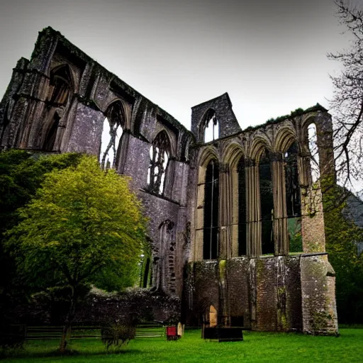 Image similar to Tintern abbey in the style of the upside down in Stranger Things