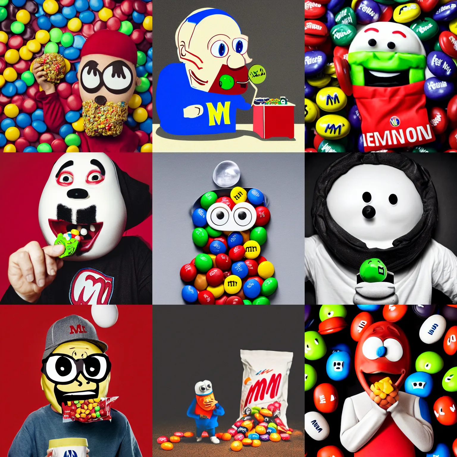 Prompt: An anthropomorphic M&M eating a bag of Eminems, photograph