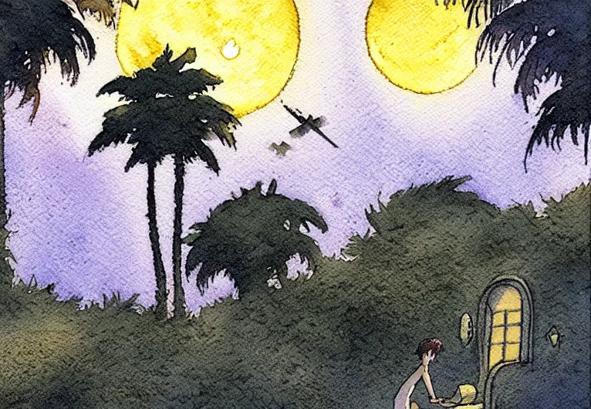 Prompt: a simple watercolor fantasy concept art of a dark grey boxy ufo next to a palm tree at night. by studio ghibli, rebecca guay, michael kaluta, charles vess