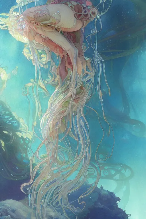 Prompt: a beautiful painting of jellyfish in a cylindrical aquarium, colorful light, shimmering and prismatic, rococo, by krenz cushart and mucha, trending on artstation.