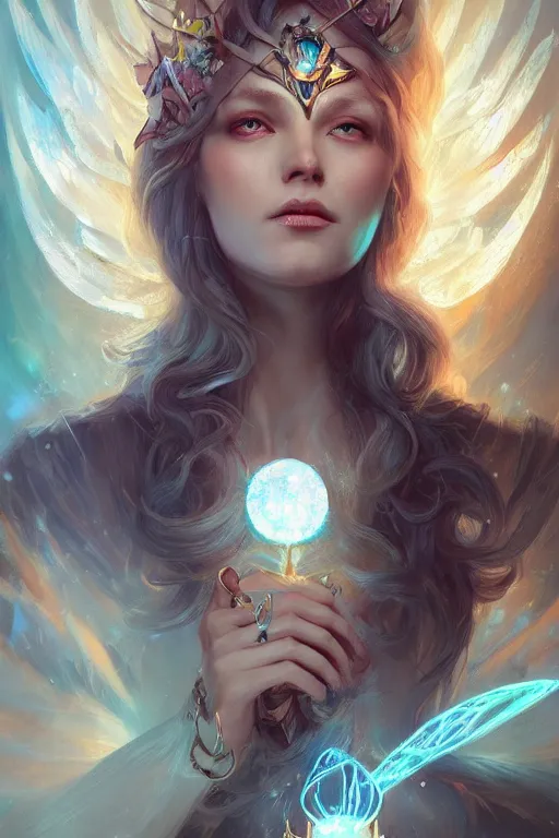 Prompt: portrait of a beautiful elf casting magic spell holding diamonds, angel, fantasy, dramatic lighting, highly detailed, digital painting, holding electricity, magic the gathering, hyper detailed, 3 d render, hyper realistic detailed portrait, peter mohrbacher, wlop, ruan jia