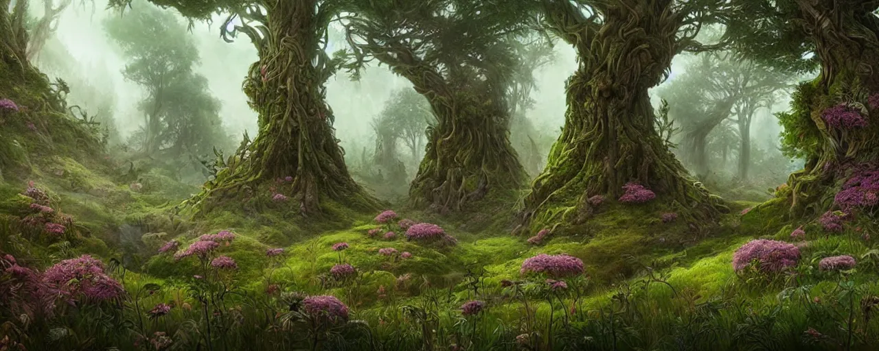 Image similar to an intricate concept art of a fantasy forest, large trees, wild flowers, fluffy creatures, art by ian mcrue, highly detailed