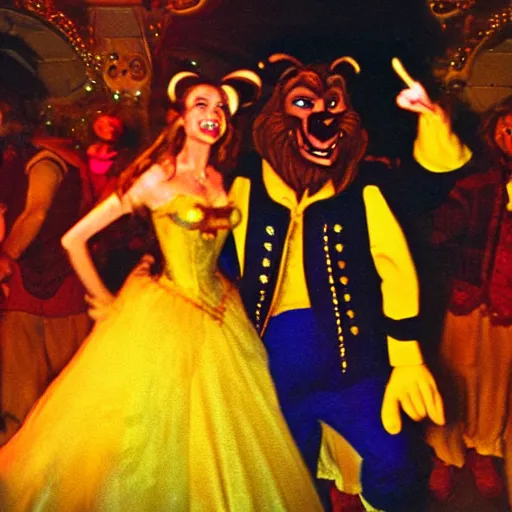 Image similar to Disney's real life characters of The Beauty and the Beast rocking hard on an Acid House track at a small rave party, shot with a disposable camera with flash