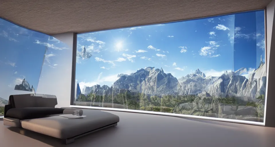 Prompt: looked at big window, architectural, mountains in background, sunny day time, clear sky, futuristic, furnitures, ultra realistic, ultra detailed, cinematic light, anamorphic