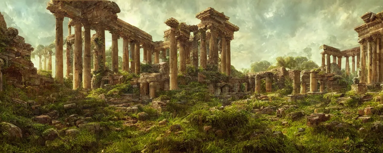 Image similar to ” landscape with overgrown ruins of a roman temple, [ by paul lehr, cinematic, detailed, epic, widescreen, opening, establishing, mattepainting, photorealistic, realistic textures, octane render ] ”