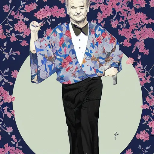 Image similar to bill murray, wearing kimono, by artgerm, cherry blossom falling, nagel