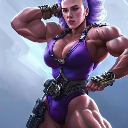 Image similar to detailed portrait of scarlett johansson as a female bodybuilder zarya from overwatch, beautiful, fantasy, intricate, elegant, highly detailed, digital painting, artstation, concept art, matte, sharp focus, illustration, art by aenaluck, artgerm and roberto ferri and greg rutkowski, epic fantasy, digital painting