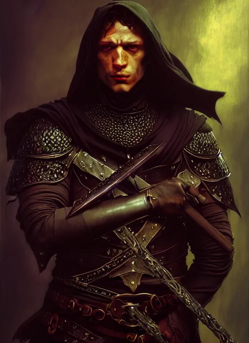 Image similar to male thief, dagger, leather armor, full body, hyper realistic, extremely detailed, dnd character art portrait, dark fantasy art, intricate fantasy painting, dramatic lighting, vivid colors, deviantart, artstation, by edgar maxence and caravaggio and michael whelan and delacroix.