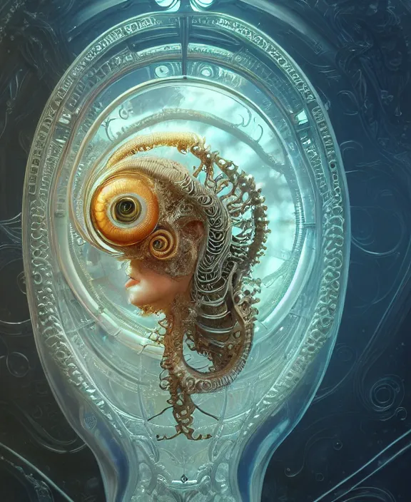 Image similar to intricate ornate opulent transparent clear see - through portrait of a cybernetic beautiful alien nautilus, mottled coloring, adorable, childlike, pastoral environment, ultra realistic, concept art, art nouveau, photorealistic, octane render, 8 k, unreal engine. art by christopher marley and artgerm and greg rutkowski and alphonse mucha