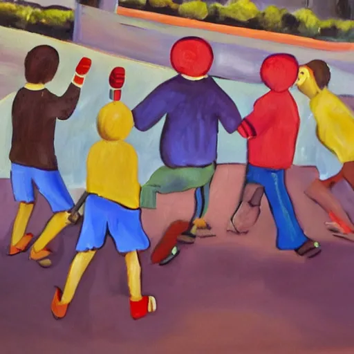 Image similar to painting of children in a schoolyard knife fight