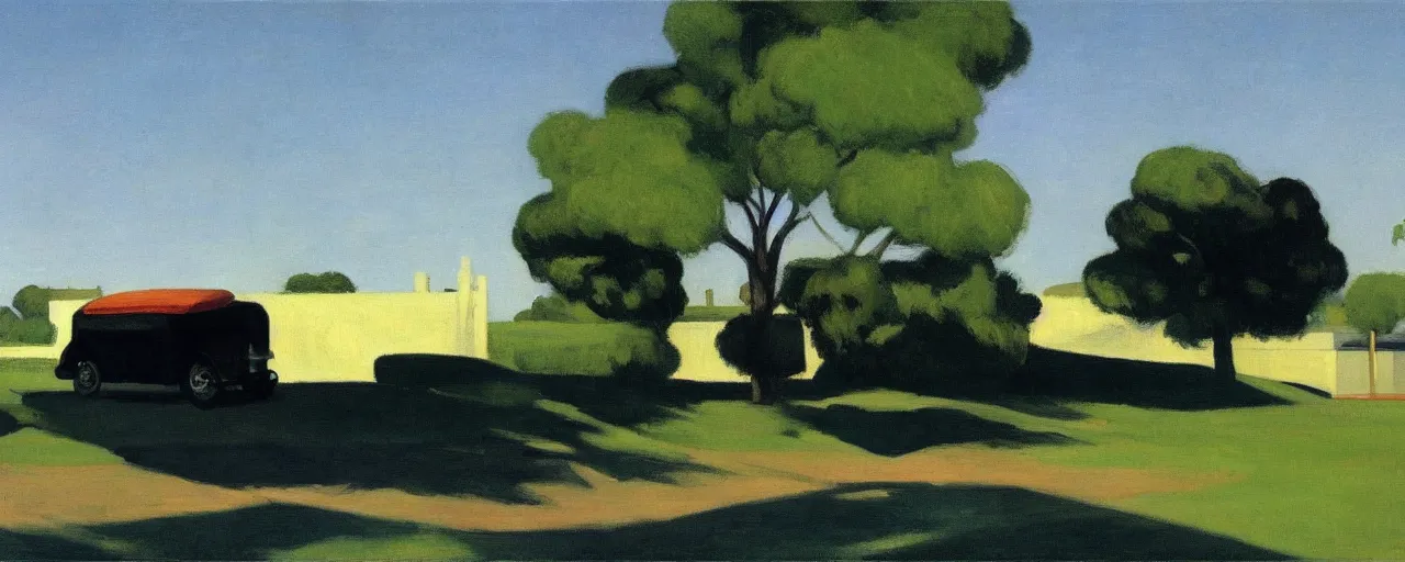 Image similar to car parked in the shade under a tree, edward hopper