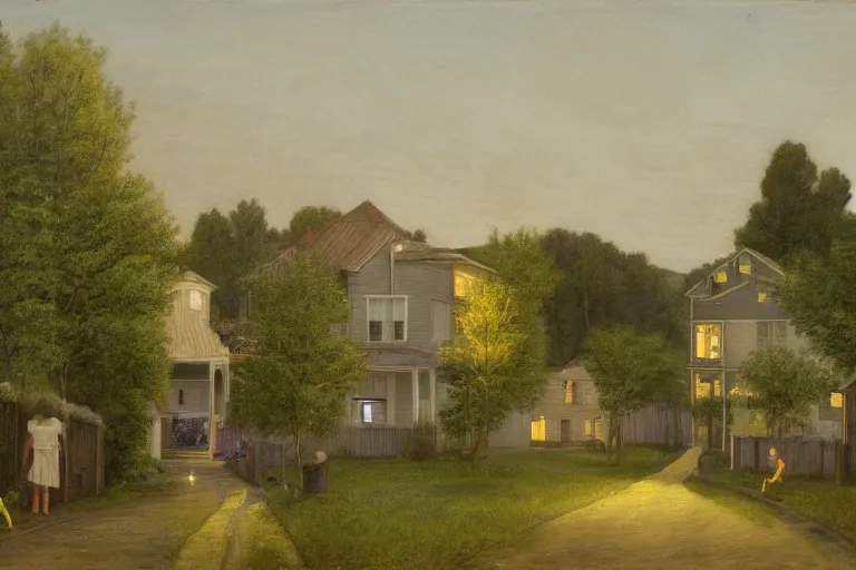 Prompt: Suburban neighborhood with pastel-colored colonial houses and hidden shadowy creatures with bright eyes by crewdson gregory, trees, wooden fences, candles, yellow fireflies, balcony