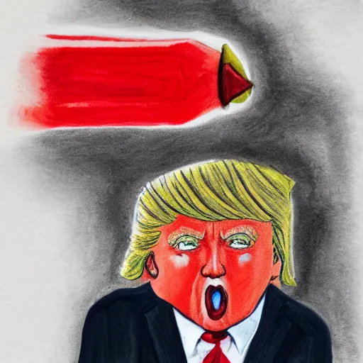 Prompt: portrait of donald trump eating a red crayon