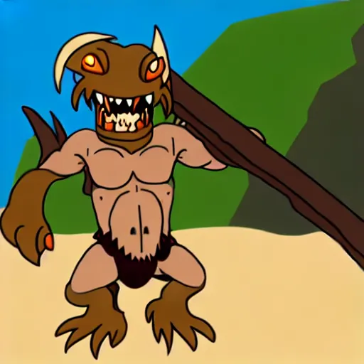 Image similar to Kobold wearing caveman clothes at a beach