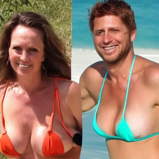 Image similar to photo of a 3 3 year old man that looks young for his age dating a very attractive 5 5 year old woman wearing a bikini.
