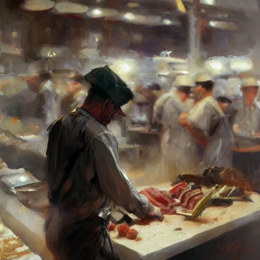 Image similar to low angle of the butcher's, closeup of a butcher working, artwork by craig mullins