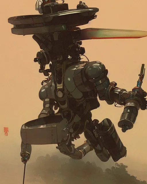 Prompt: full body concept art of a mech space samurai with jet pack and thin mech wings, hovers above ground, dust swirls under him, realistic, cinematic, atmospheric, sci - fi movie character, octane render, by moebius, alphonse mucha, roger deakins, masamune shirow