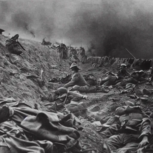 Image similar to 4k cinematic photograph Battle of the Somme 1916