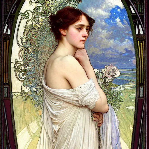 Image similar to a detailed, intricate art nouveau portrait painting of a girl who resembles 1 8 - year - old saoirse ronan and emma watson in a white satin gown, by alphonse mucha, donato giancola, and john william waterhouse