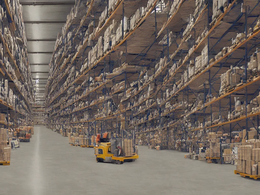 Prompt: a warehouse with huge shelves in which stacks of paper are stored in a painting from stalenhag, 4 k, 8 k, hdr, artstation, concept art