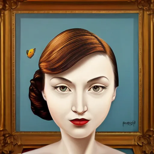 Image similar to a painting of a woman, an ultrafine detailed painting by rafal olbinski, behance contest winner, pop surrealism, detailed painting, very detailed, minimalist, skeuomorphic, airbrush art