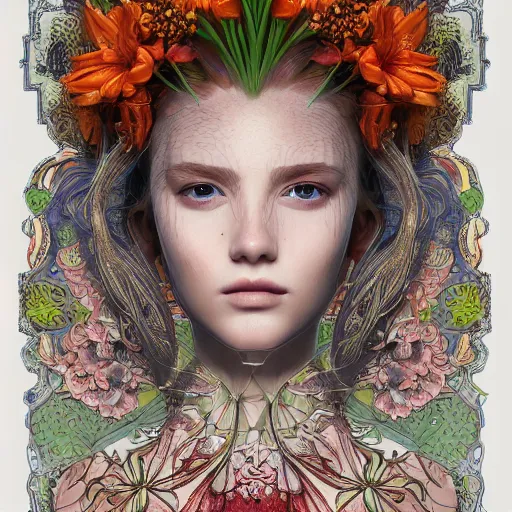 Image similar to the portrait of an incredibly beautiful woman made of onions and lilies, an ultrafine detailed illustration by james jean, final fantasy, intricate linework, bright colors, behance contest winner, vanitas, angular, altermodern, unreal engine 5 highly rendered, global illumination, radiant light, detailed and intricate environment