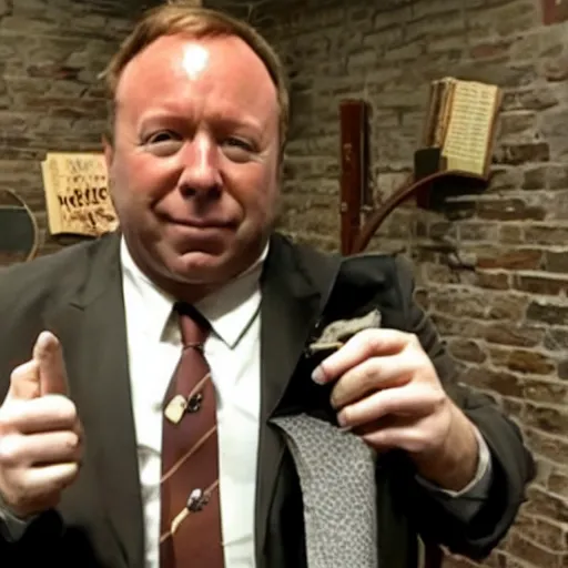 Prompt: photo of alex jones cosplaying harry potter.