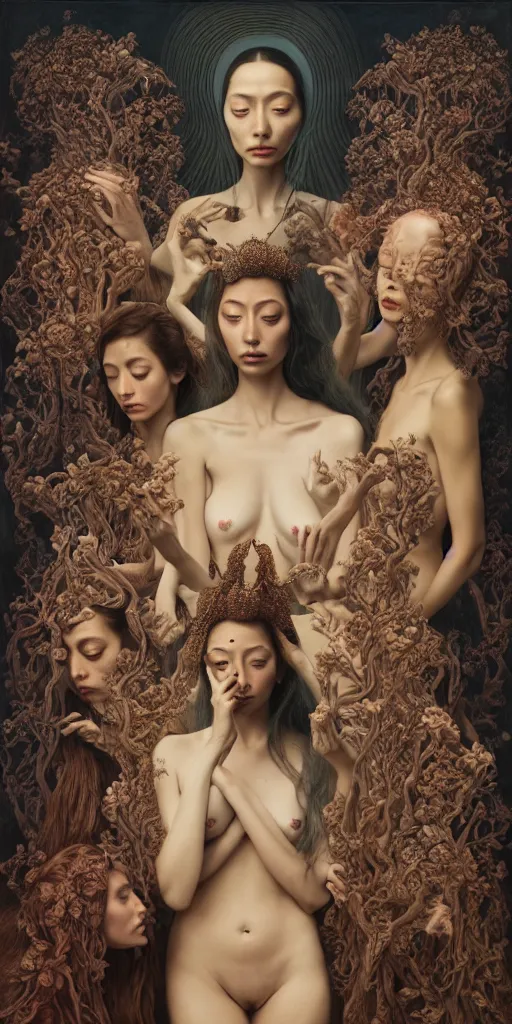 Image similar to the three fates, gemma chen, madison beer, angela sarafyan, pinup, intricate beautiful faces, surrealistic painting by agostino arrivabene, vanessa beecroft, anka zhuravleva, mary jane ansell, peter mohbacher, gerald brom