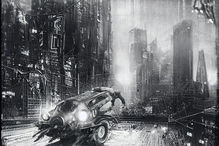 Image similar to cyberpunk 1 8 8 8 flocken elektrowagen by paul lehr, jesper esjing, metropolis, view over city, vintage film photo, damaged photo, scratched photo, scanned in, old photobook, silent movie, black and white photo