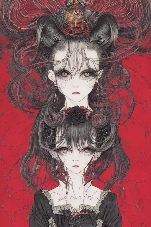 Image similar to watercolor painting of an avant - garde japanese cat queen in a victorian lolita fashion red dress in the style of lovecraftian horror painted by yoshitaka amano, takato yamamoto, ayami kojima, dmt art, symmetrical vogue face portrait, intricate detail, artstation, cgsociety, artgerm, rococo