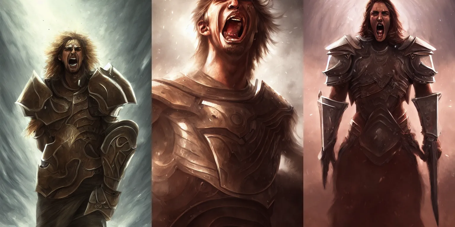 Prompt: half - length portrait of a human male paladin, screaming, emotions, dramatic. fantasy, digital painting, hd, detailed.