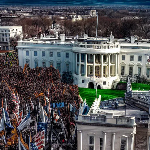 Prompt: capitol riot, View from the top of white house with many people rioting below, hyper-realistic, ultra-detailed, high resolution, HDR shot, cinematic lighting