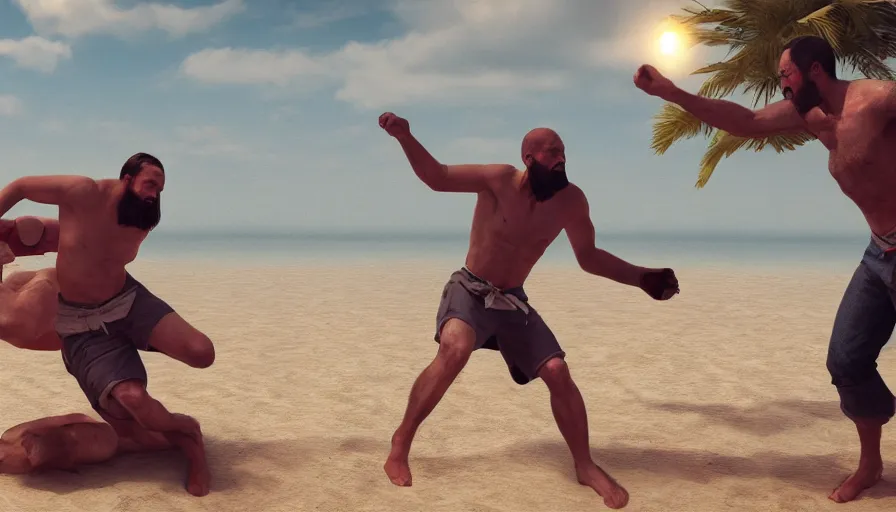 Prompt: jesus christ fighting a blind man on the beach, hyperrealistic, 8k, unreal engine, artstation, cgsociety