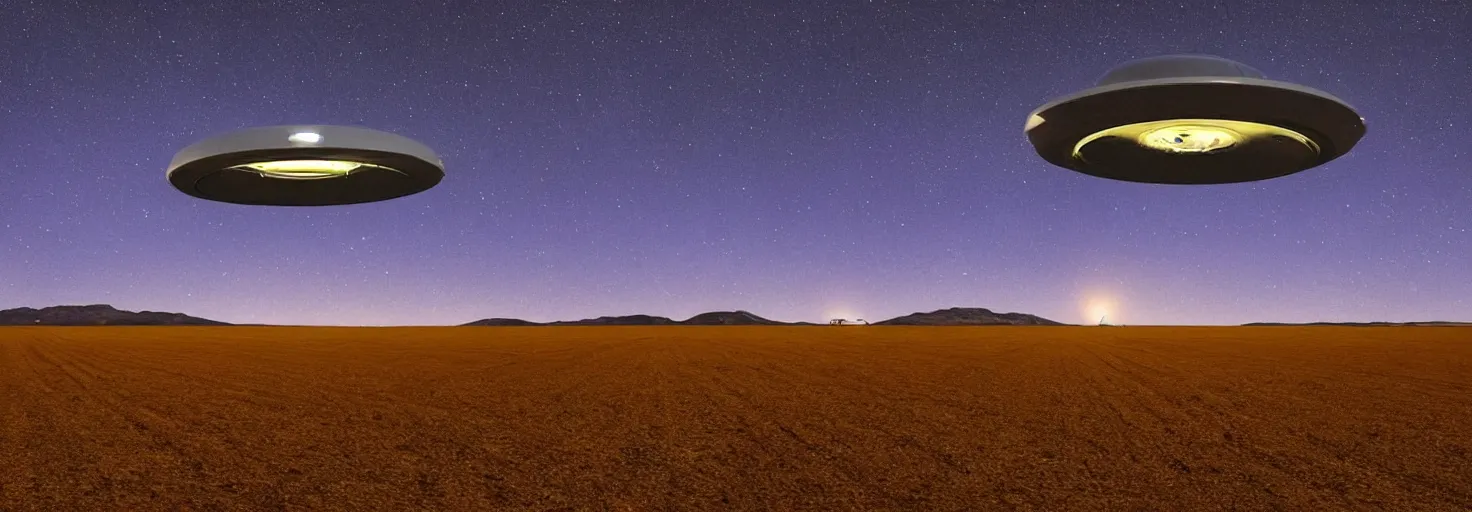 Prompt: A UFO flying over a farm in the Nevada desert at night, incredible light, cinematic, volumetric, 8K, concept art, trending on instagram