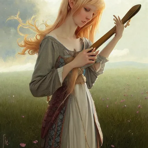 Image similar to elf fairy blond with a beautiful face, holding a lute, wearing a cardigan, highly detailed, intricate, digital painting, artstation, sharp focus, illustration, art by jakub rozalski, greg rutkowski, artgerm, tan zi and ayanamikodon and alphonse mucha and wlop