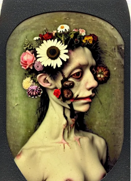 Image similar to beautiful and detailed rotten woman made of plants and many types of stylized flowers like carnation, daisy, chrysanthemum, anemone, roses and tulips, intricate, surreal, john constable, gustave courbet, caravaggio, romero ressendi, bruno walpoth 1 9 1 0 polaroid photo