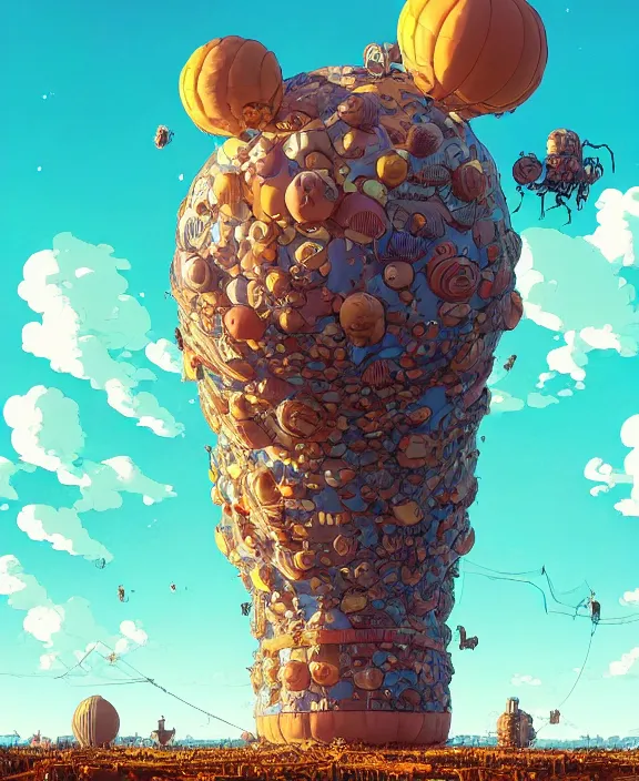 Image similar to inflated tower made from obese spider mollusks, in the style of a puffy spaceship, skeletons, partly cloudy, spooky, dramatic lighting, by geof darrow, bill sienkiewicz, dan mumford, yusuke murata, makoto shinkai, ross tran, cinematic, unreal engine, cel shaded, featured on artstation, pixiv