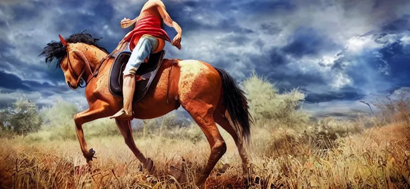 Prompt: “ luffy riding horse, side shot, 8 k resolution, high detailed ”