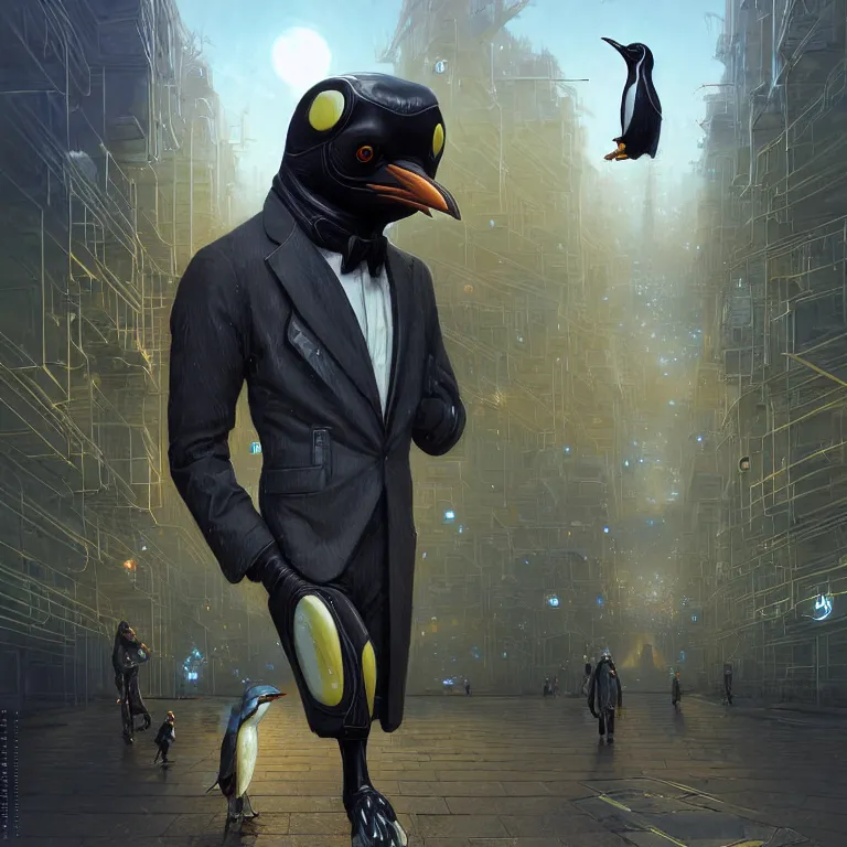 Prompt: A solarpunk very highly detailed Anthropomorphic cybertronic penguin wearing sport suit with very highly detailed face on the street of a very highly detailed solarpunk city digital surrealism art by Greg Rutkowski and Josan Gonzalez, highly detailed, digital concept art, Volumetric natural light, sharp focus, Golden Ratio illustration, realistic concept art by Stephen Hickman and James Gurney and Hiromasa Ogura Ghost in the Shell rendered in VRAY, From the distance