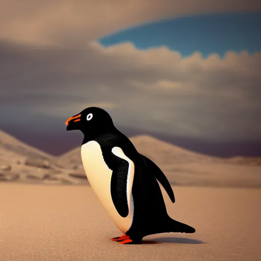 Prompt: pooping Penguin in the desert, Pyjama british Air force Officer, octane render, unreal engine, 8k high definition