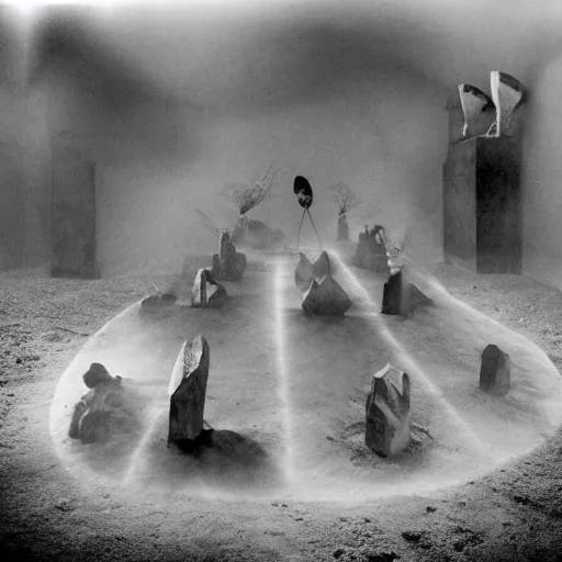 Prompt: an indigenous crowd of dark enlightment spiritual healers, shadows from dust, mountain of shamanic bodies in sandstorm under abduction light, ancestral cave cementery time machine gates, joel peter witkin, sebastiao salgado