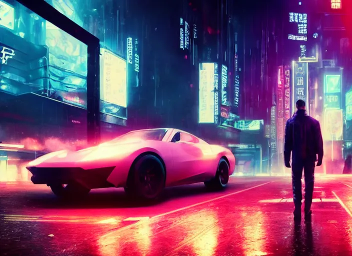 Image similar to Bladerunner2049 street racing man leaning cool pose on his white sports car with red emissives volumetric lighting Cyberpunk RTX ray marching street